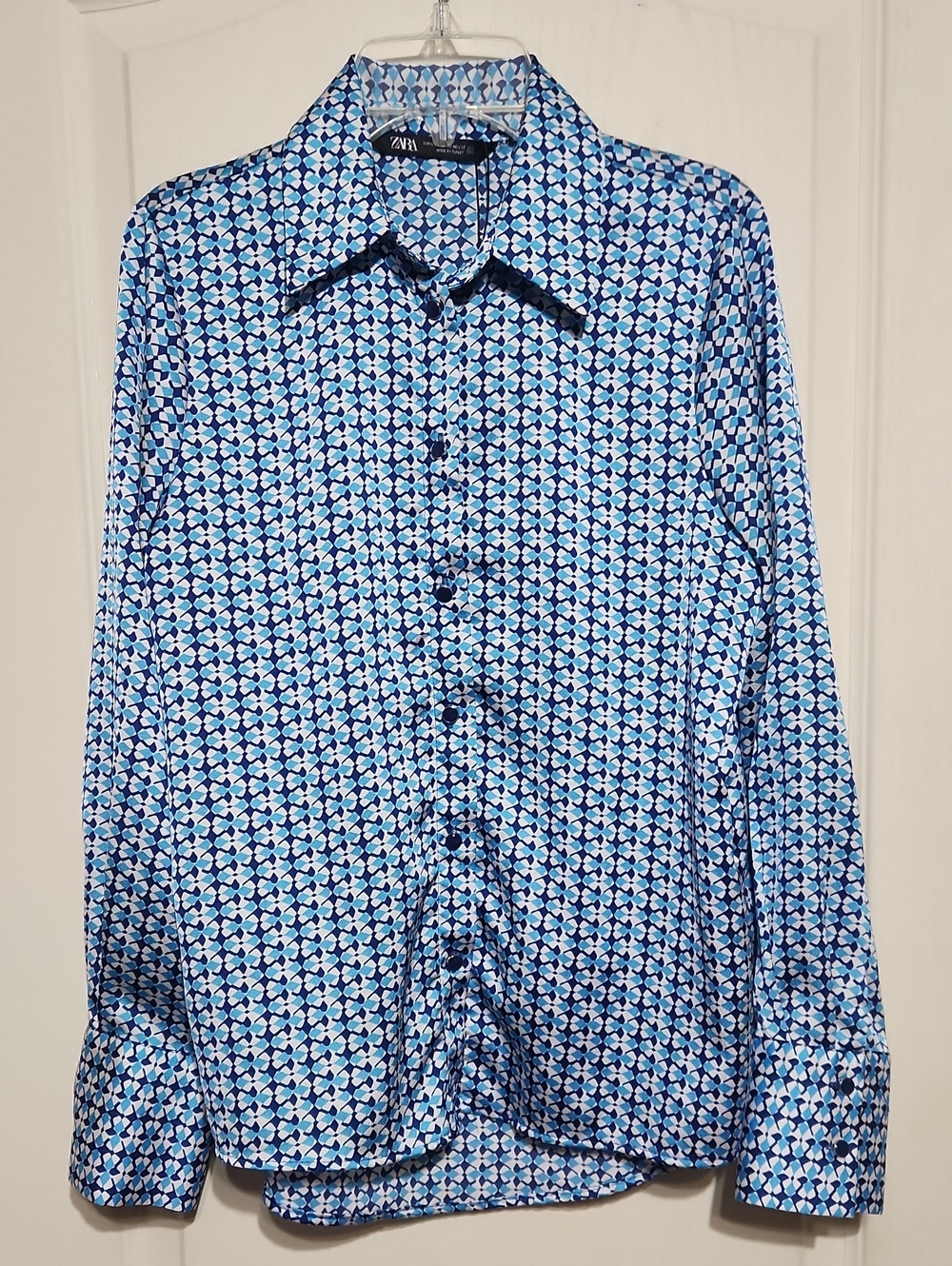 Zara Light and Navy Blue Geometric Button-Down Shirt